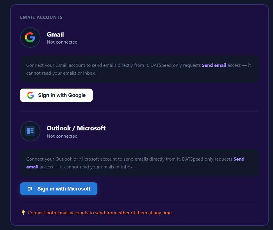 DATSpeed Email Accounts — Gmail and Outlook connected