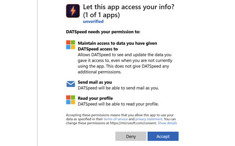 Outlook permission screen — accept access so DATSpeed can send email on your behalf