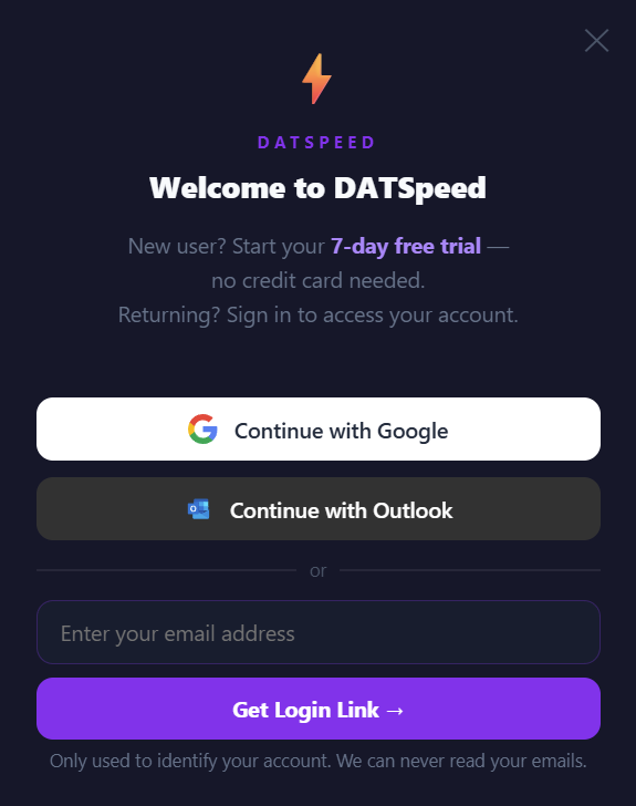 DATSpeed welcome screen — sign in with Google, Outlook, or a magic login link