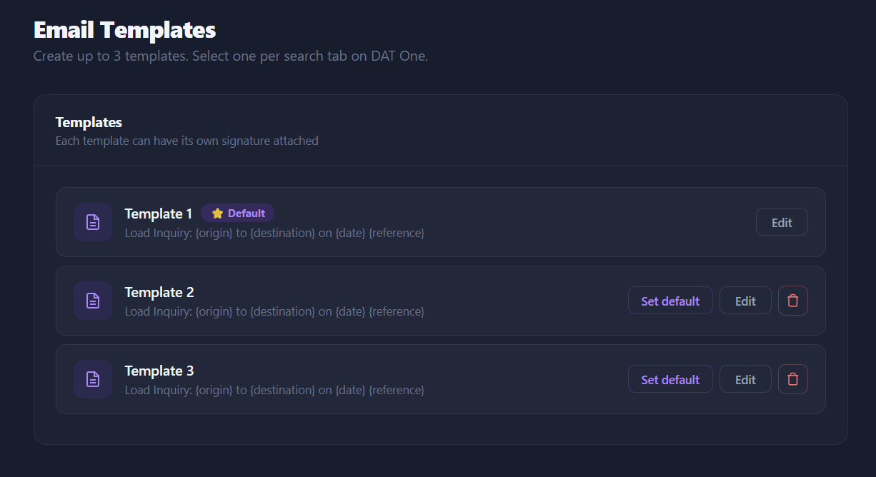 Full Settings Templates page showing 3 templates, each pickable per search tab