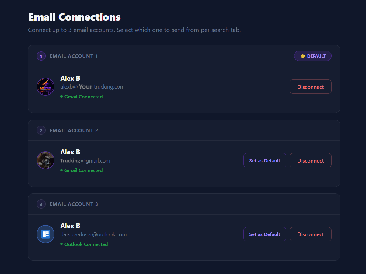 DATSpeed Email Connections settings page showing 3 real connected accounts
