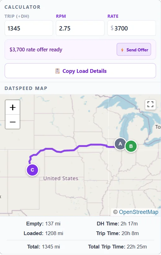 DATSpeed route map with miles, deadhead and trip time inside DAT One