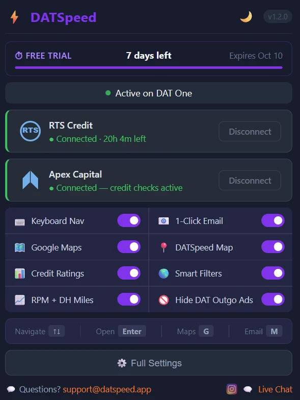 DATSpeed Chrome and Edge extension popup