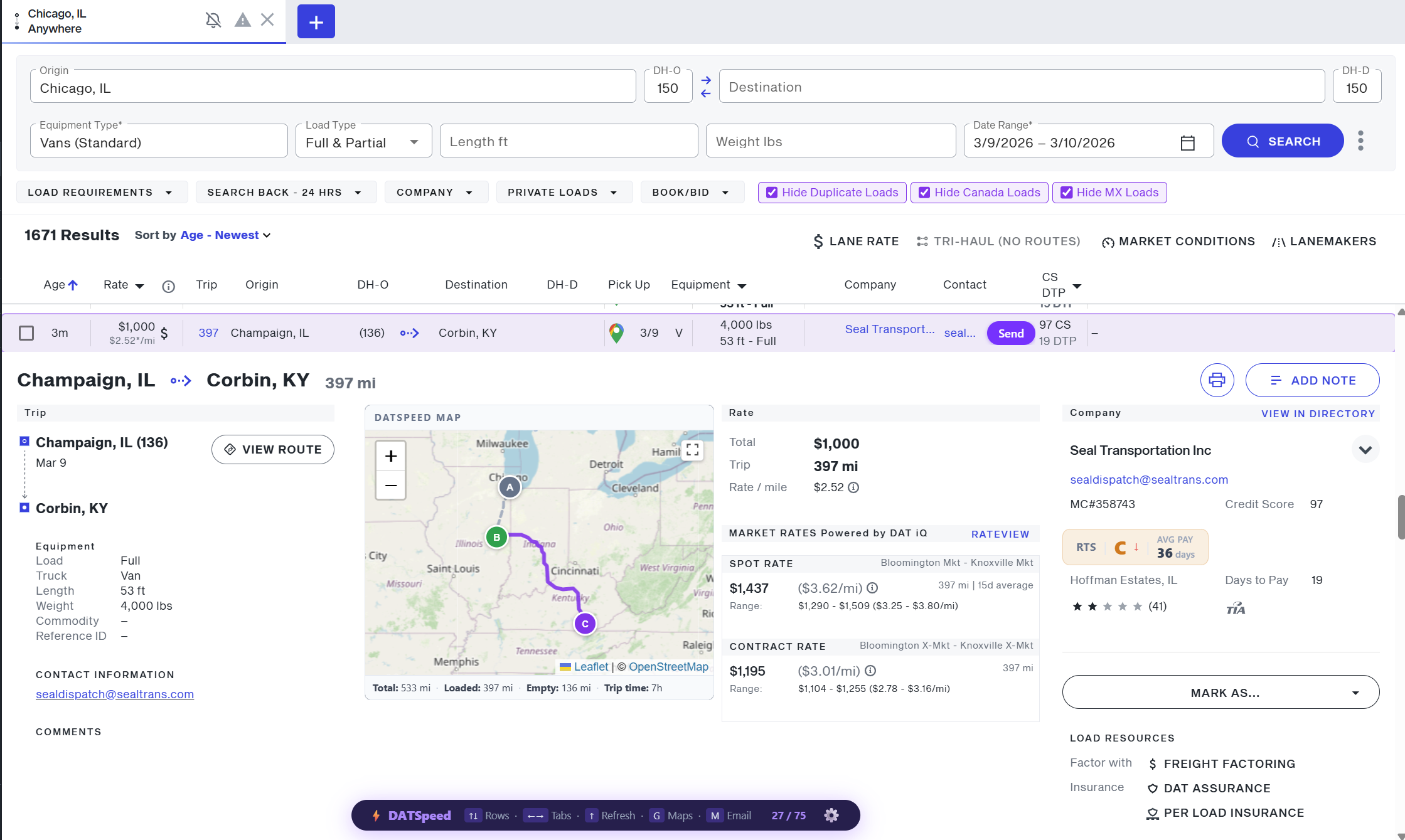 DAT One with DATSpeed — expanded load detail with map and RTS rating