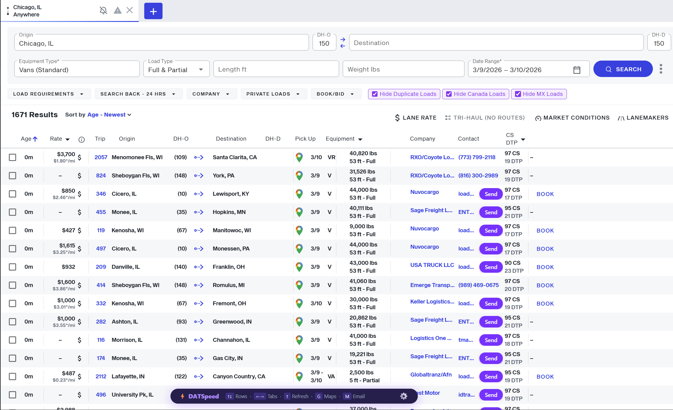 DAT One with DATSpeed — list view with filters and Send buttons