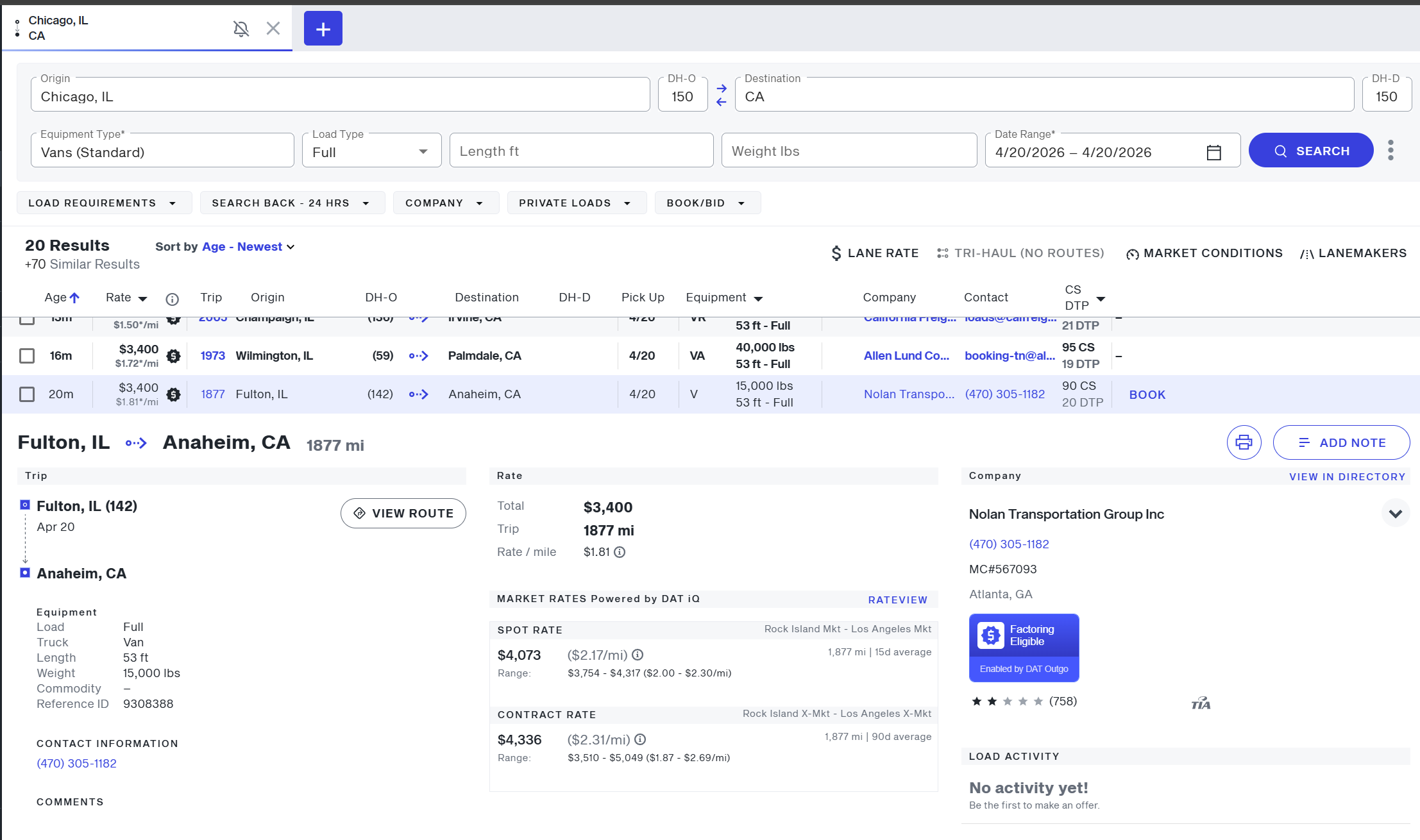 DAT One without DATSpeed — expanded load detail
