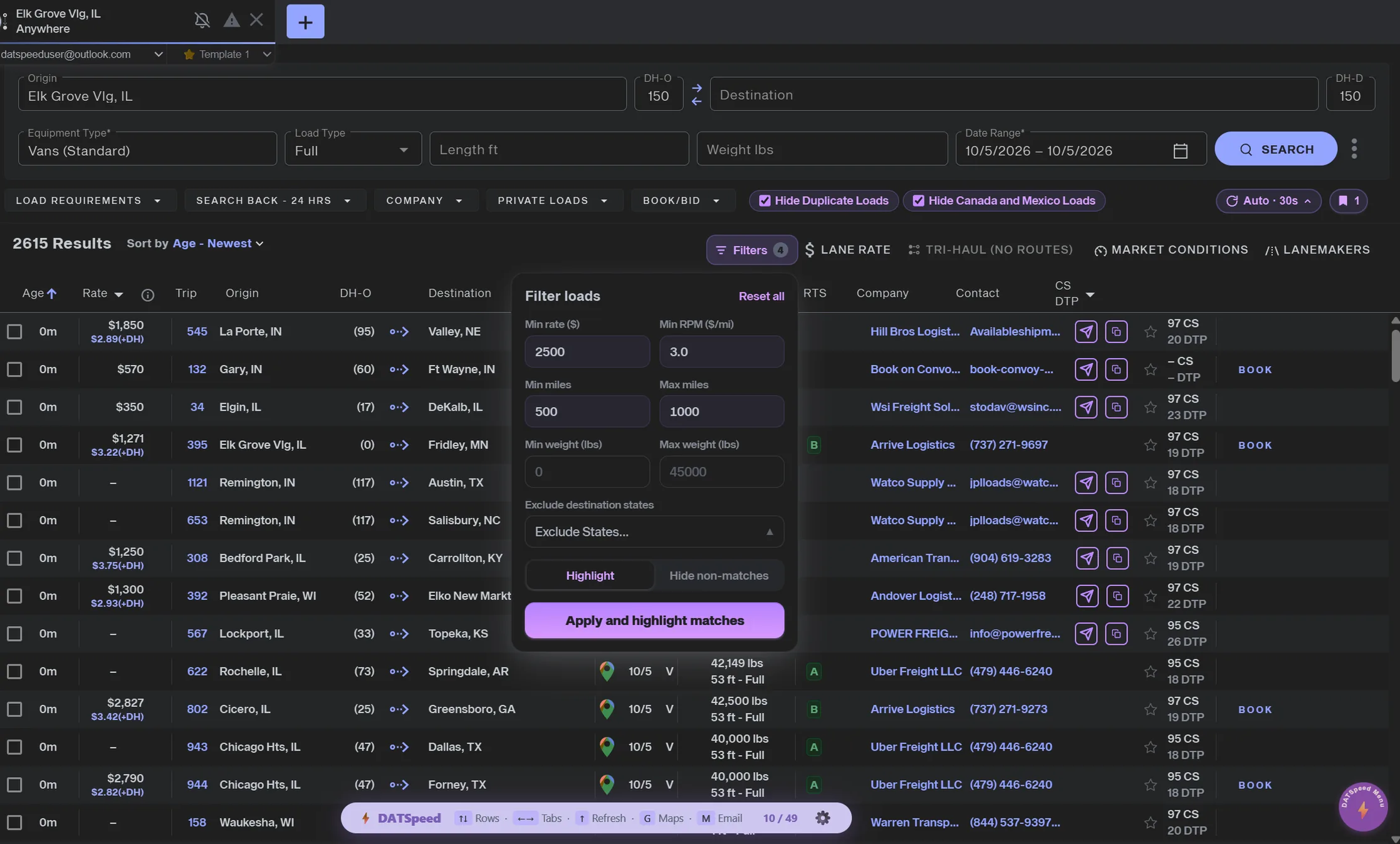 DATSpeed dark mode, list view