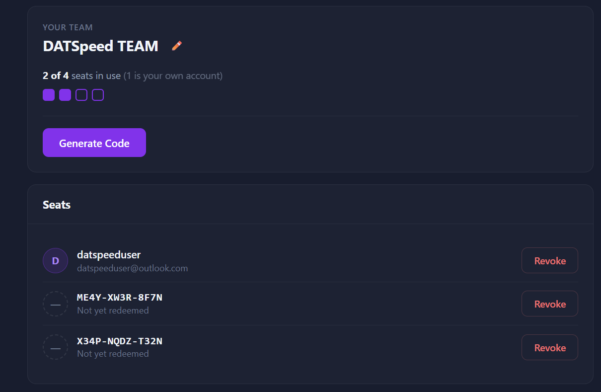 DATSpeed Team admin dashboard showing team roster and pending access codes